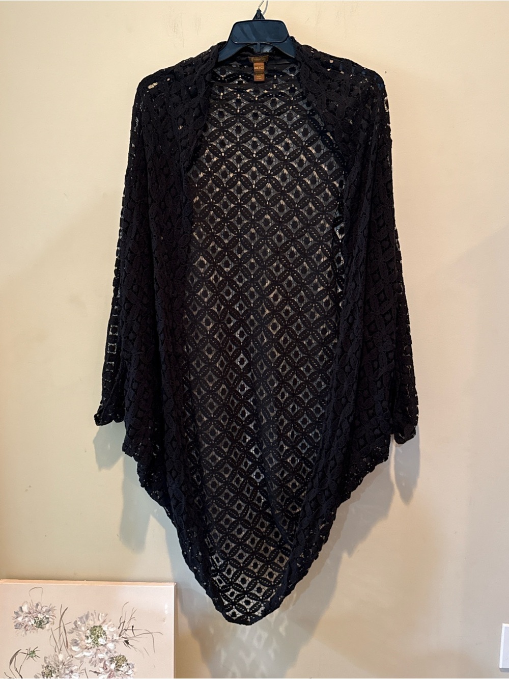 Copper Key Black Open-Weave Crochet Draped Cardigan